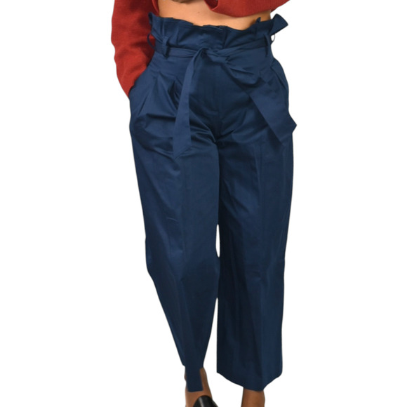 M Martin Pants Blue Cotton Sateen Trousers Wide Loose Straight Crop Paperbag 2 - Picture 11 of 14
